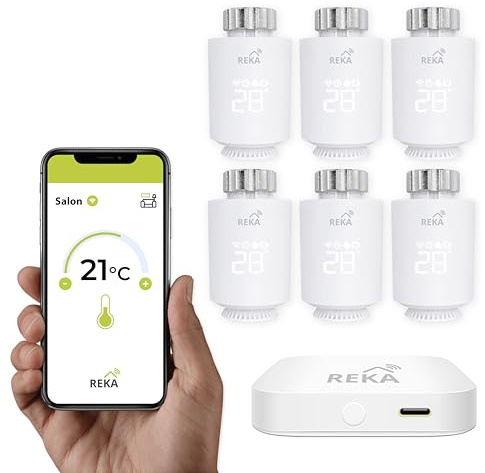 Tête Thermostatique Intelligente Connectée REKA - Contrôle Température Via Appli Tuya, Programmation, Détection Fenêtres Ouvertes - Compatible Assistants Vocaux (6, avec Passerelle)