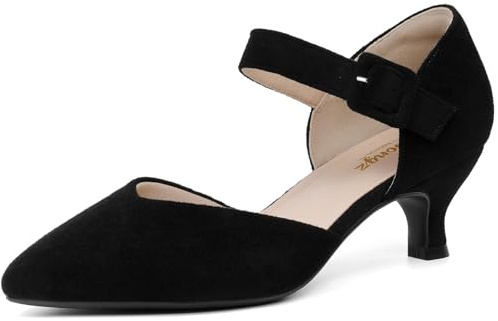 RIBONGZ Black Comfortable Kitten Heels Suede Prom Low Heels for Women Closed Pointed Toe Slip on Ankle Strap Buckle Pumps Church Wedding Bridal Party Dressy Shoes 8.5