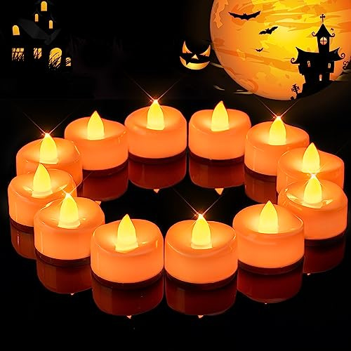 merrynights Lot de 12 bougies chauffe-plat sans flamme pour Halloween, orange à piles, lumières LED en forme de citrouille, fausses bougies chauffe-plat, 3,8 cm de profondeur x 3,2 cm de hauteur