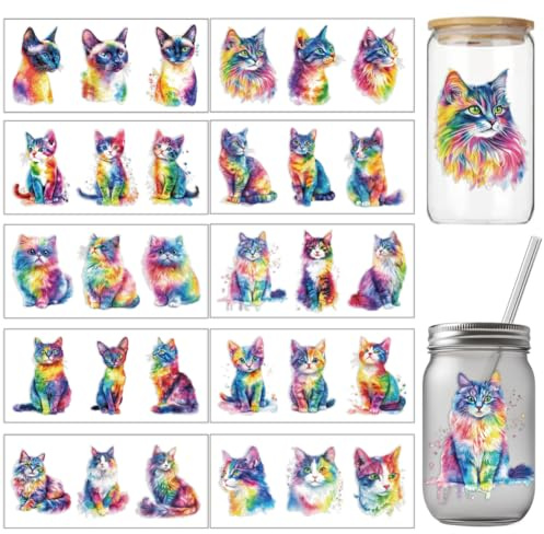 arricraft 10 Stück Farbiges UV Transferpapier Mit Katzentassen Druck 10 Stile Wasserfest Aquarell Schöne Kätzchen UV DTF Cup Wrap Aufkleber Für 16 OZ Glas Tassen Handwerk