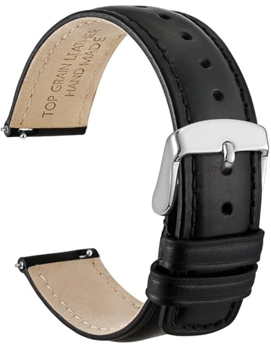 WOCCI 20mm Bracelet de Montre pour Homme et Femme, Cuir Véritable - Cuir de Grain Supérieur, Libération Rapide, Boucle Argentée (Noir)