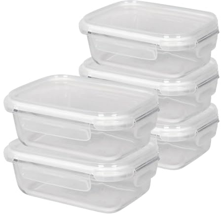 Harbour Housewares 640ml Glass Food Storage Containers with Lids - Clear/White - 5x Small Reusable Airtight Meal Prep Lunch Box Takeaway Cereal Pantry Tubs Set | Safe for Freezer and Microwave