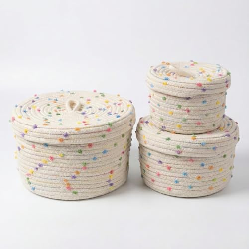 Körbe mit Deckel Geflochten, Korb Mit Deckel Rund (Polka Dots weiß)