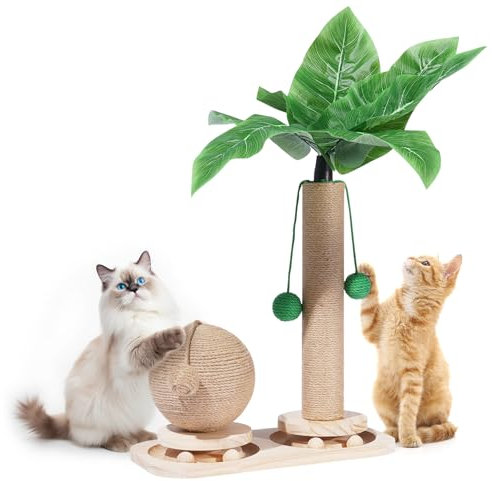Novelfun Katzenkratzbaum Palme 2 In 1 Kratzsäulen für Katzen Palme Interaktives Katzenspielzeug mit Hängenden Kugeln Kratzpfosten Spielzeug