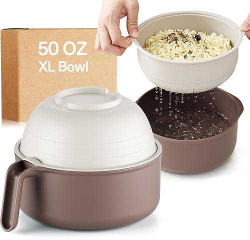 MEACOLIA 50 oz Large Ramen Bowl, Microwave Ramen Cooker, Noodle Pasta Cooker with Lid and Strainer, Steamer for Vegetables, College Dorm Essentials for Girls Guys (Beige)