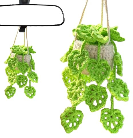 Car Hanging Accessories | Crochet Hanging Plant | Handmade Car Decorations Interior | Potted Crochet Decor For Rear View Mirror | Handmade Knitted Basket Gift For Women, Men, Girlfriend, Or Boyfriend