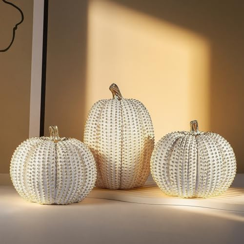 Fangoo 3 Pezzi Resina Zucche Decorazioni Glitterate Bianche e Dorate Centrotavola per Fattoria Autunno Regalo Cucina Decor per Ringraziamento e Raccolto, Centrotavola, Camino, Casa, Ufficio o Fest