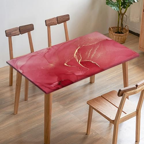 Odot Elastische Tischdecke, Marmor-Druck Tischtuch mit Elastischer Kante, Rechteckige Tischdecke für Outdoor Terrasse Picknick Camping Esszimmer Küche (Rosa Rot,170x95cm)
