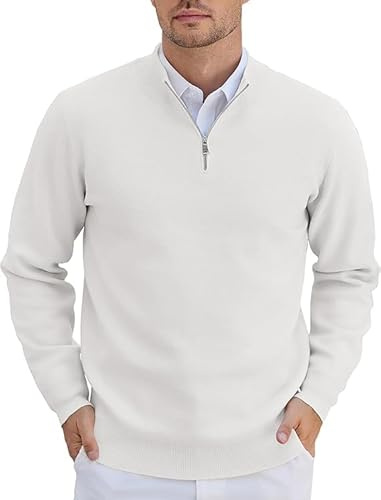 COOFANDY Hombres Jersey 1/4 Cremallera Cuello Alto Jersey de Punto Jumper de Invierno Manga Larga Cremallera Jumper de Cuello Alto Suéter Sweater de Trabajo para Los Hombres Blanco L