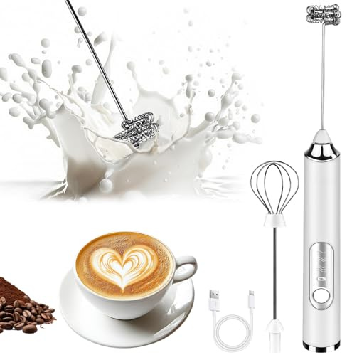 Milk Frother Handheld, Rechargeable Coffee Frother Wand with 2 Stainless Whisks 3 Speeds, Drink Mixer, Electric Foam Maker, Hand Mixer for Lattes, Cappuccino, Matcha, Egg, White
