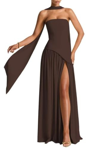 Vestidos de dama de honor de princesa con bufanda, vestidos de graduación, vestidos de gasa formal para fiesta de noche, maxivestido con abertura, ZM314, marrón, 42