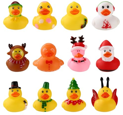 12stk Kleine Enten, Entzückende Sortierte Kleine Weihnachtsenten aus Gummi Lustiges Gummispielzeug mit Weihnachtsmotiv Geeignet für Büro Zuhause Partydekoration