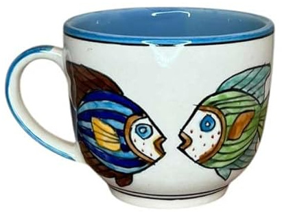 Gall&Zick Juego de 2 tazas de café pintadas a mano, diseño de peces, cerámica, color azul y rojo