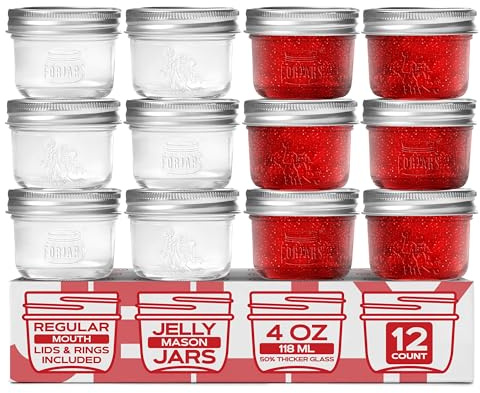 FORJARS® Premium Mason Jars with Lids – 4oz | Regular Mouth Canning Jars | 12-Pack Glass Jars for Jam, Jelly, Pickling, Food Storage, Freezer Safe, Airtight Bulk Set