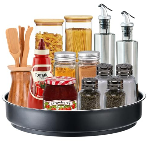 FxlStelrion 31,5 Cm Lazy Susan Roterande Tallrik, 360° Roterande Kryddhylla, Roterbar bricka, Rostfritt Stål Tallriksorganisatör för Kryddor, Kosmetika, Flaskor, Mat, Skåp, Bordsskivor, Badrum (Svart)