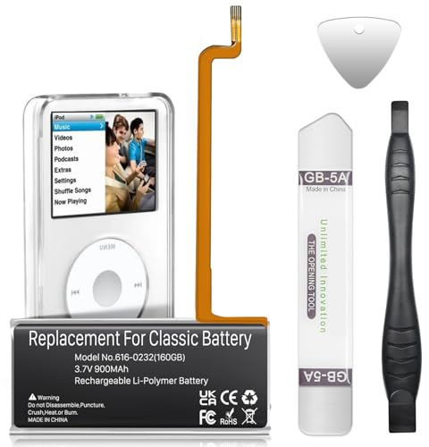 900mAh 616-0232 Ersatzakku Kompatibel mit iPod 5th - 7th Generation Video Classic A1136 A1238 (5th 30 GB, 6th 80 GB, 6,5th 120 GB, 7th 160 GB) mit Werkzeugsätzen