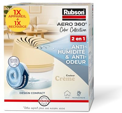 Rubson Aero 360°, 1 Déshumidificateur d'air 20 m²+1 Recharge 450g, Crème | Absorbeur d'humidité, Réduit humidité et odeur, Anti-Moisissures, Sans électricité, Recharge dure 3 mois, Pièce jusqu'à 20m²