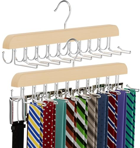 Tie Rack & Belt Hanger 2 in 1 Tie Hanger Space Saving 20 Hooks Hangers for Closet Max 30 Belts with 30 Ties Capacity, Tie Racks Wooden Hangers for Closet Organizer Storage (2, Wood)