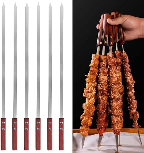 BBQ Skewers Stainless Steel Flat, 60 cm Metal Skewers Wood Handle, 6 PCS Flat Skewer Reusable for Barbecue Grilling Meat Vegetables Shrimp Garden Camping Picnic BBQ