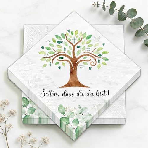 40 Stück Servietten Kommunion 33x33 cm, Erstkommunion Konfirmation Firmung Taufe Deko Mädchen Junge, Schön, dass du da bistServietten Lebensbaum Deko, Tischdeko, Kommunion Geschenke Gastgeschenk