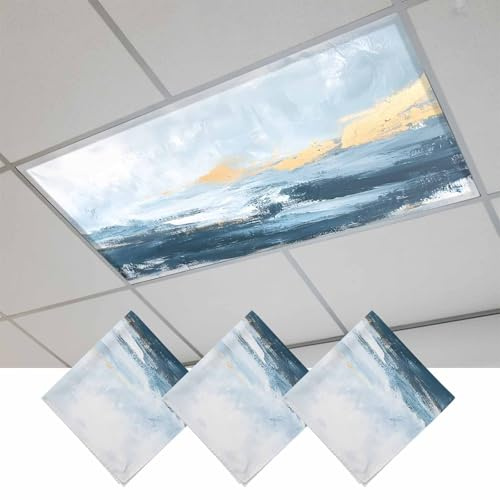 Fluorescent Light Covers, Blue Yellow Oil Painting Magnetic Light Covers for Ceiling Lights, Modern Abstract Fluorescent Ceiling Shade Filters for Classroom Bedroom Office 4x2Ft x 3PCS