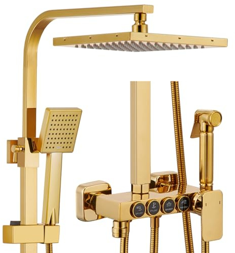 Columna Ducha, Columna de Ducha Oro Cepillado 4 in 1,Sistema de Ducha Latón | Conjunto de Ducha con Ducha de Techo de 225mm, Ducha de Mano, Grifo de Bañera y Ducha Higienica, Altura y Ángulo Ajustables