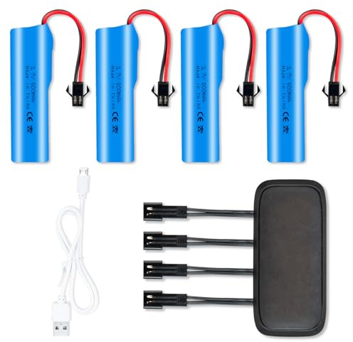 3,7V 800mAh SM-2P-Anschluss mit Schutzplatine 1 Ladegerät + 4 Akkus für ferngesteuerte Autos Spielzeug-Monster-Offroad-Trucks Renn-RC-Cars
