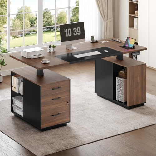 Bureau Assis Debout Électrique avec Tiroirs,141x70 cm,Bureau Réglable en Hauteur Électrique avec Caisson à Dossiers Verrouillable, Station de Charge & Niches Ouverte,Meuble de Bureau à Domicile,Noir