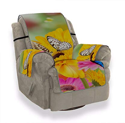 A.Monamour Sofabezug Sofaüberwurf Sesselschoner Frühlingssaison Bunte Blumen Schmetterlinge Natur Samt Sesselbezug Sesselhusse Sessel Abdeckung Sesselschutz Stuhl Abdeckung Stuhlschutz