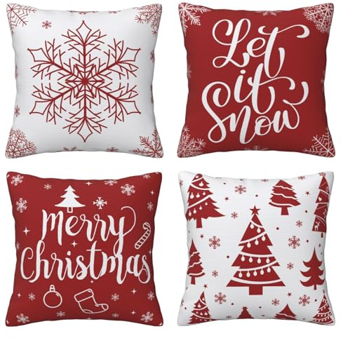 AMZQJD 4 Stück Kissenbezug Weihnachten Weihnachtselementstile Muster Dekorative Kissenhülle Baumwolle Leinen Sie Kissenbezüge (40 x 40 cm, Rot Weihnachten)