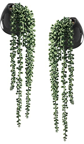 Plantas colgantes de suculentas artificiales, cadena de perlas falsas plantas en cerámica blanca, juego de 2… (negro)