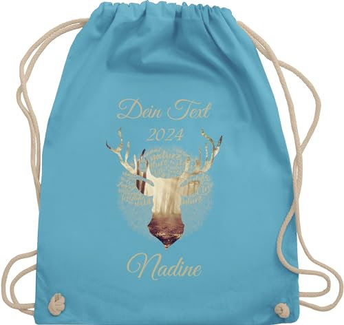Turnbeutel Rucksack - Kompatibel Oktoberfest - Tag Cloud - Hirsch und Name in Gold - Unisize - Hellblau - oktoberfest-tasche trachten personalisierte beutel trachtenrucksack bayrisch goldenem tasche
