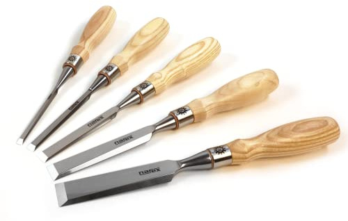 Narex 853655 5 Piece Set of Richter Extra Bevel Edge Chisel without Box (1/4, 3/8, 1/2, 3/4 and 1 inch) Cryogenic Treated Cr-V Steel Hardened to HRc 62 Ergonomic Ash Handles Stainless Steel Ferrules