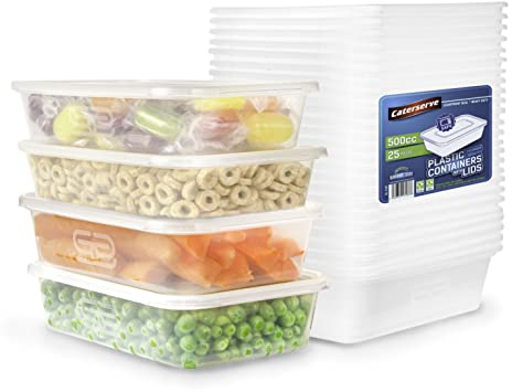 Caterserve 25 Pack Reusable Plastic Containers with Lids (500ml) for Food Storage & Meal Prep - Microwave & Dishwasher Safe, BPA-Free & Recyclable