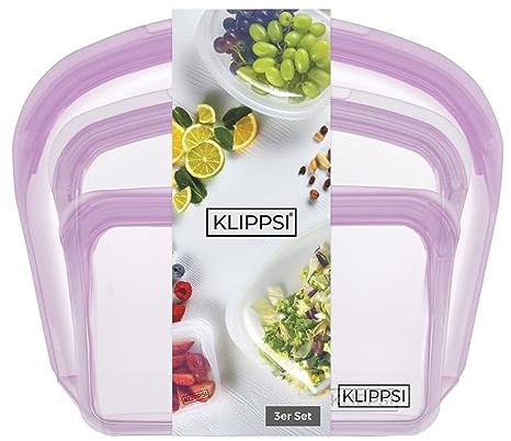 KLIPPSI® 3er Set Wiederverwendbare Silikonbeutel Gefrierbeutel Aufbewahrungsbeutel reißfest, hitze-kältebeständig, auslaufsicher, spülmaschinengeeignet (Lila)
