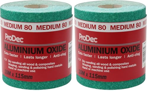 ProDec 10m Roll 80 Grit Medium Grade Green Aluminium Oxide Abrasive Sanding Paper for Sanding Wood, Paint, Plaster,Filler,Metal and More, 115mm Wide Sandpaper Compatible with Machine Sanders,Pack of 2