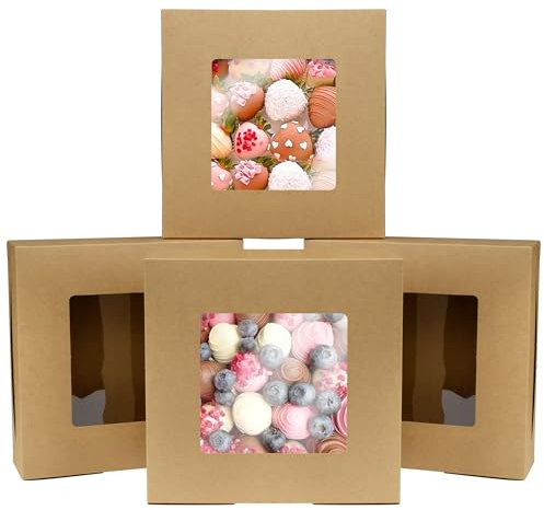 AWCIGG 15 Stück Gebäckkarton mit Sichtfenster 22,9x22,9x6,35 cm Tortenschachtel Kraftpapier Box Quadratische Braune Geschenkbox für Cookies Cupcakes Macarons Kuchen Weihnachtsfeier