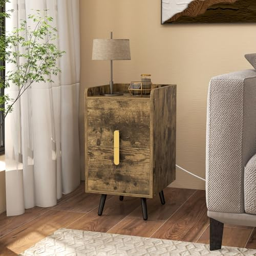 GIANTEX Table de chevet avec station de charge - Table de chevet avec 2 ports USB et 3 prises - Table d'appoint avec 2 tiroirs - Table de chevet avec pieds en métal - 32 x 40 x 60 cm