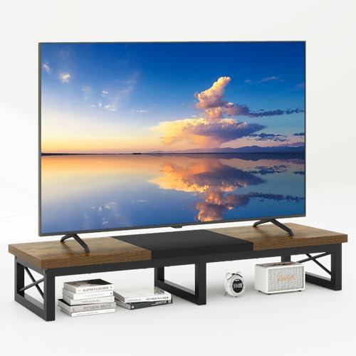IBUYKE 45 Large TV Riser for 32-60 inch TV,Tabletop Short TV Stand with Storage and Steel Legs,Dual Screen Office Desk,Stand Riser,TV Riser Stand for Home,Bedroom,Living Room,Rustic Brown TVT002H