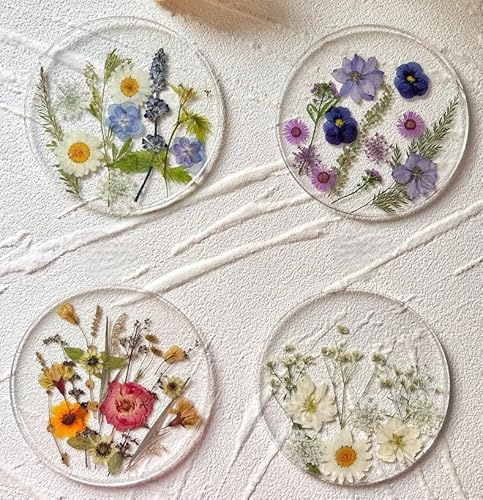 4Pcs Pressed Flower Coasters, Handmade Natural Flowers Resin Coasters, Round Outdoor Coasters, Wedding Birthday Table Decor Wildflowers Art
