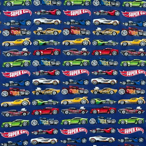 Textrend Baumwollstoff Meterware - Stoff zum Nähen - 100% Baumwolle - Textilien 1x1.6m - Kinderstoffe - Fahrzeuge (Super Cars auf dunkelblauem Hintergrund)