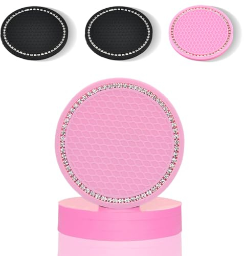 EIYVPRA 4 Pièces sous Verres Voiture Universel Anti Dérapant Silicone, Porte Gobelet, PVC Épais Coaster Voiture, Universels Tapis pour Gobelets Automobiles, Caboteur Tasse Voiture (Noir/Rose)