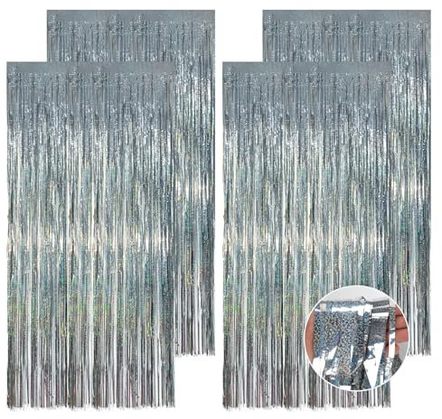 Vaktop 4 Stück Lametta Vorhang Silber Glitzer, Glitzervorhang Lametta, Glitzer Party Vorhang, Folien Fransen Hintergrund fur Party Deko Geburtstagsdeko Hochzeit Festivals Bühnendekor (1m x 2m)