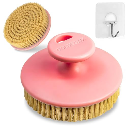 GOLDEZLUX® Dry Body Brush Cruelty-Free Firm Bristles Exfoliate Promote Smooth Skin, Dry Brushing Stimulate Blood Flow, Lymphatic Drainage, Prevent Ingrown Hair - Large Size & Comfortable Grip (Pink)
