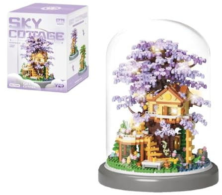 Cherry Blossom Bonsai Tree House Building Block Set, 2080 PCS Purple Sakura Flowers Model Set with Dust Cover, Creative DIY Plants Bonsai Tree Building Kit, Home Office Decor Gifts for Adults