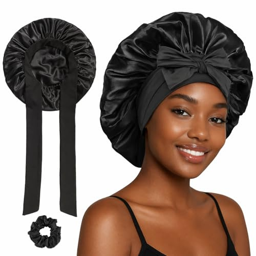 FOLAI 1 Stück Satin zum Schlafen, Satin Hair Haarhaube Damen und Herren, lockende Haarmütze, bandbreite elastische Bande, Atmungsaktive Anpassbare Schlafmütze, Satinhaube Zum Schlafen Bonet(schwarz)