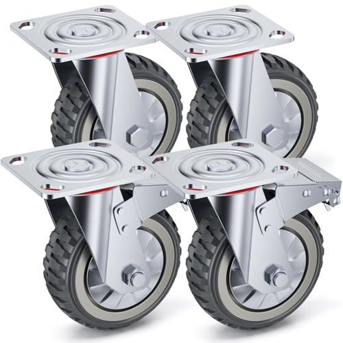 4 Pcs 150mm Heavy Duty Castor Wheels, 360° Swivel Casters Industrial Castor Heavy Duty Trolley Wheels with Brakes Load Capacity 1000 KG (Silver)