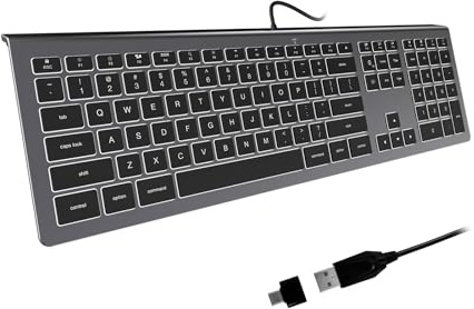 B.FRIENDIT Clavier USB filaire rétroéclairé, confortable, silencieux, touches plates chocolat/ciseaux, durable, ultra fin, pour MacBook Pro/Air, iMac, Mac mini, ordinateur portable – Noir Gris