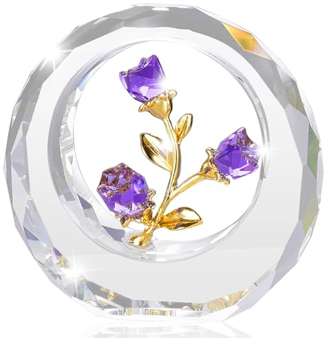 RONG KRISTO Crystal Rose Figurines Glass Flower With Stems Spring Bouquet Collectible Gifts for Wedding Birthday Party（Purple）