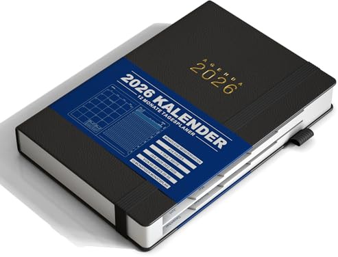 KaKa Dragon Kalender 2026 Terminplaner, Buchkalender Agenda, Deutsches Tagebuch Planer A5 Terminplaner 1 Tag 1 Seite mit Monatsregistern, (416 Seiten) Hardcover (Black)